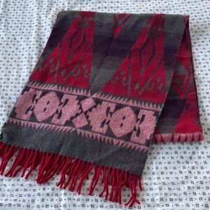 Polo Ralph Lauren wool blend scarf/wrap, red Southwestern pattern,fringe, 15x75”